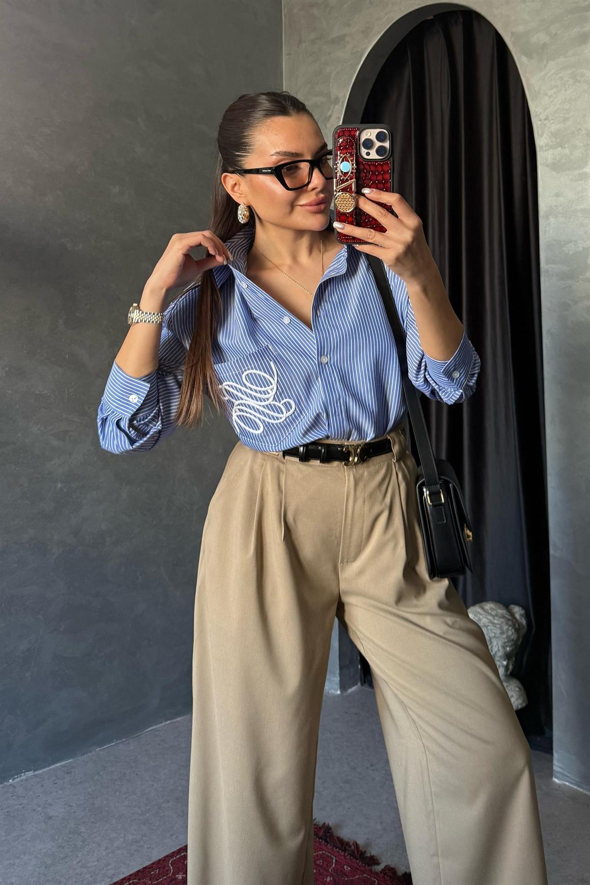 Pixie Çizgili Mavi Cebi Nakışlı Gömlek 