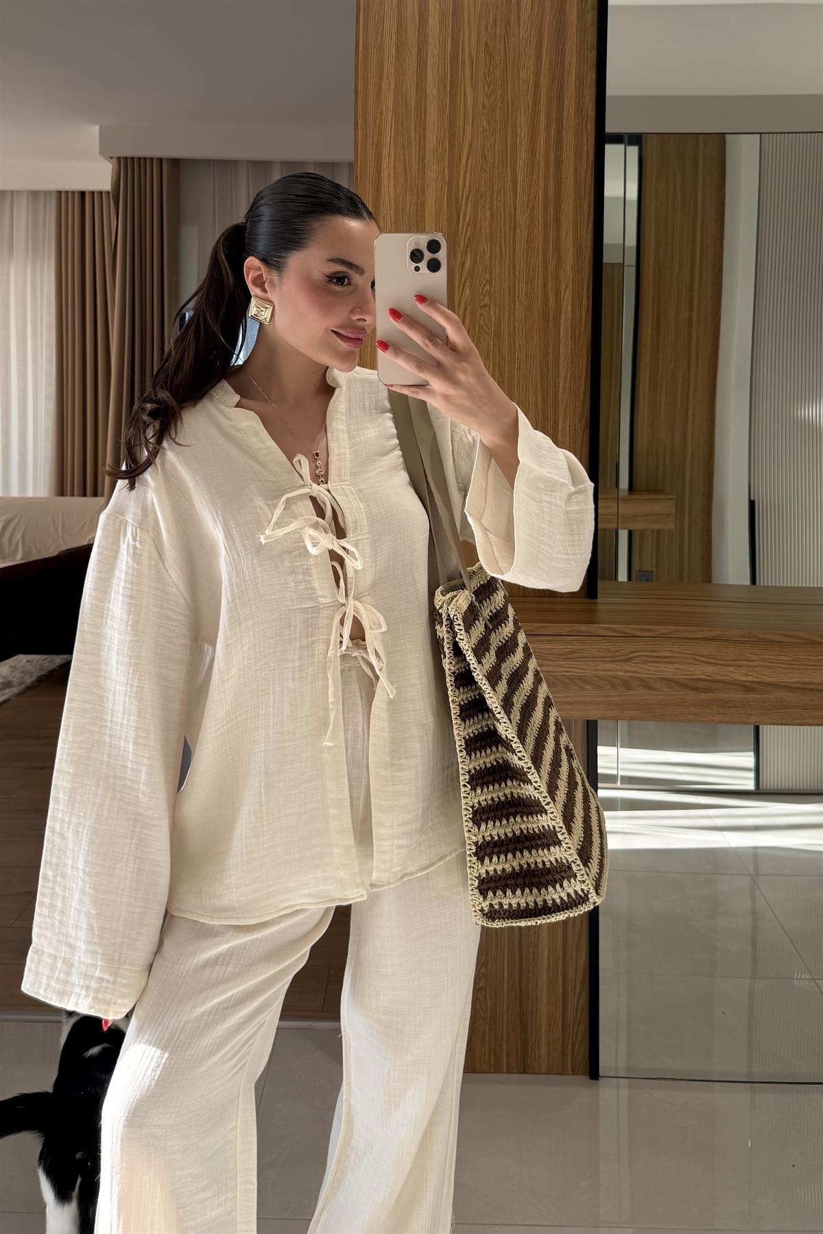 Pixre Ekru Müslin Bağlamalı Takım