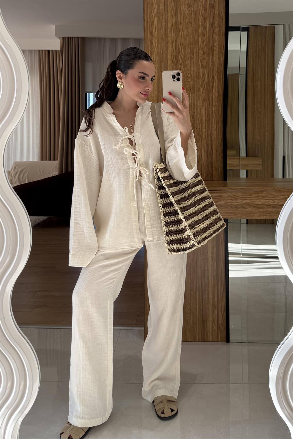 Pixre Ekru Müslin Bağlamalı Takım