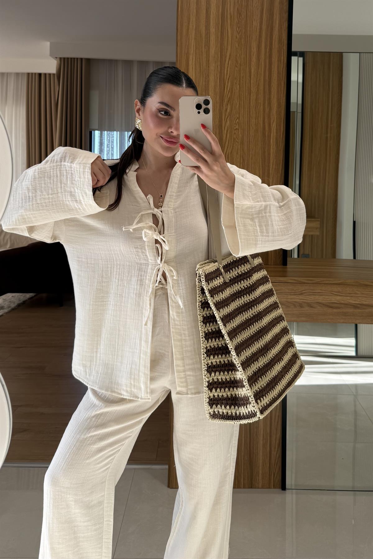 Pixre Ekru Müslin Bağlamalı Takım