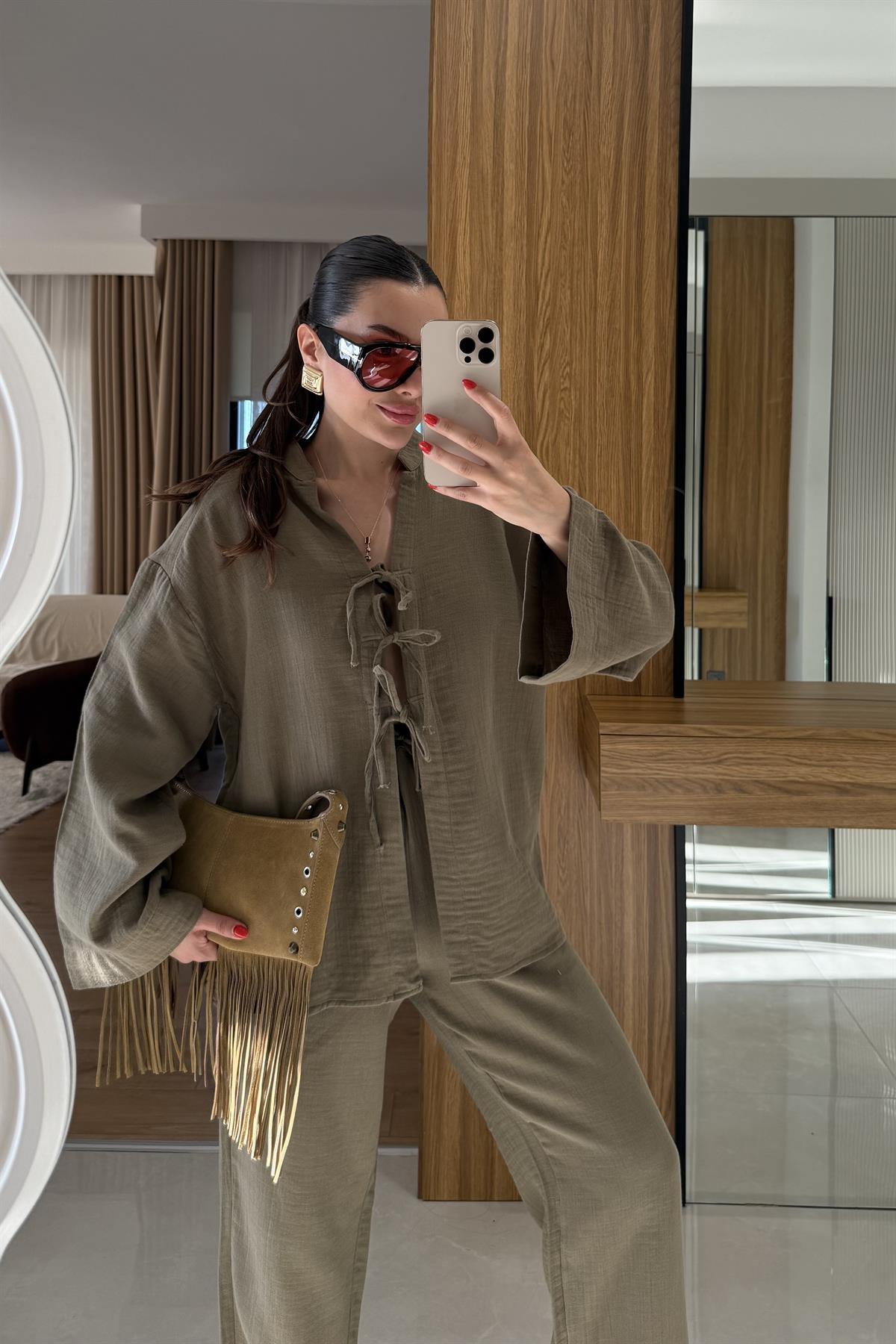 Pixre Haki Müslin Bağlamalı Takım