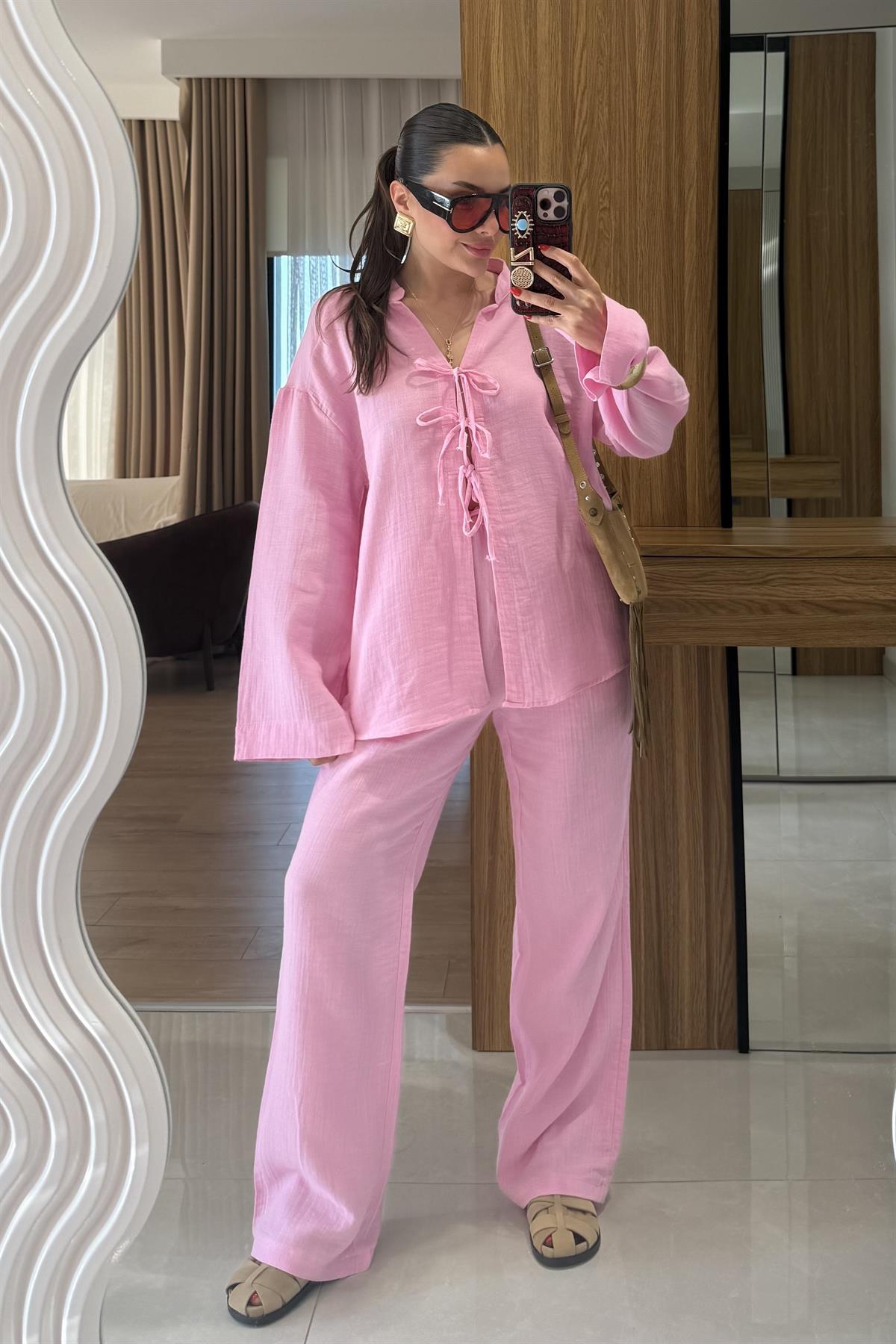 Pixre Şeker Pembe Müslin Bağlamalı Takım