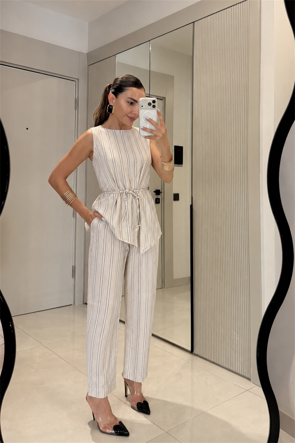 Plate Çizgili Keten Premium Takım