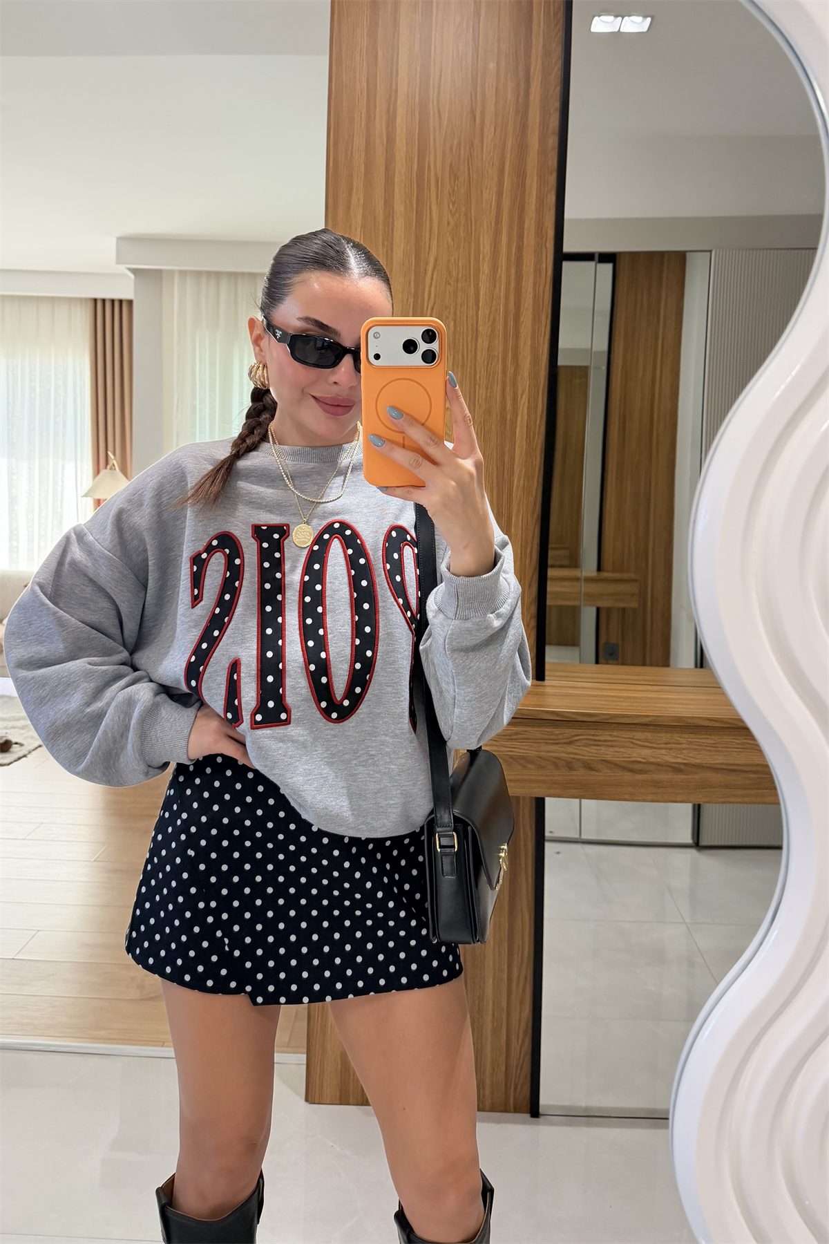Pois Gri Puantiye Yazılı Sweatshirt 