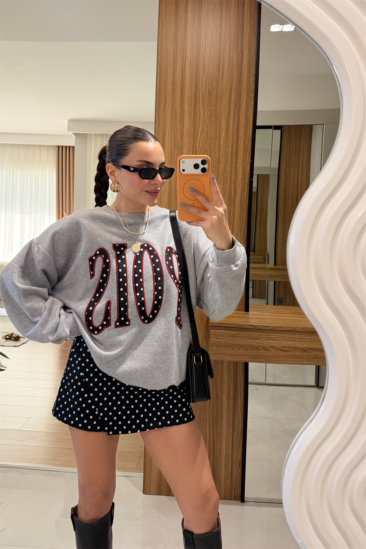 Pois Gri Puantiye Yazılı Sweatshirt 
