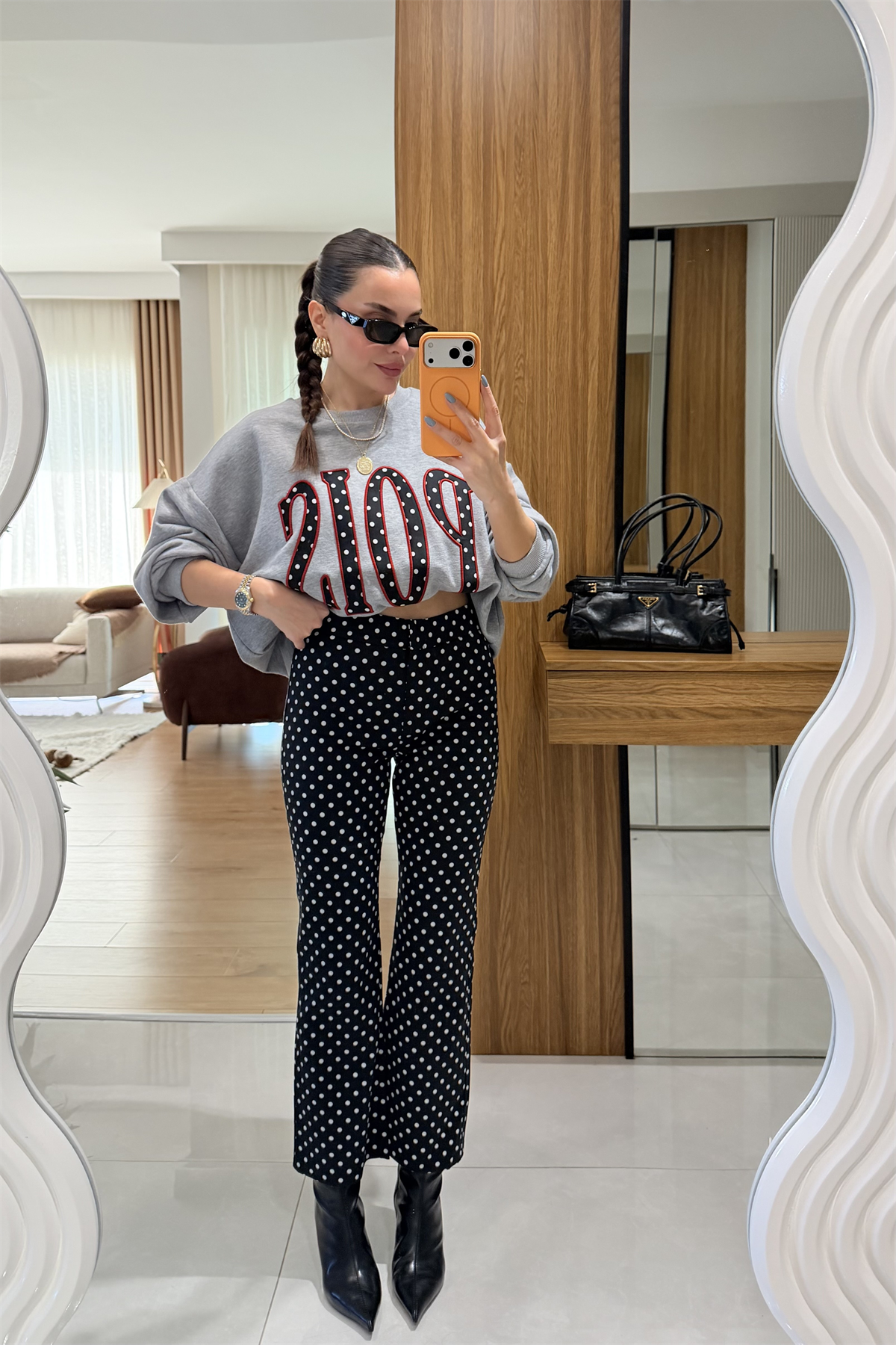 Pois Gri Puantiye Yazılı Sweatshirt 