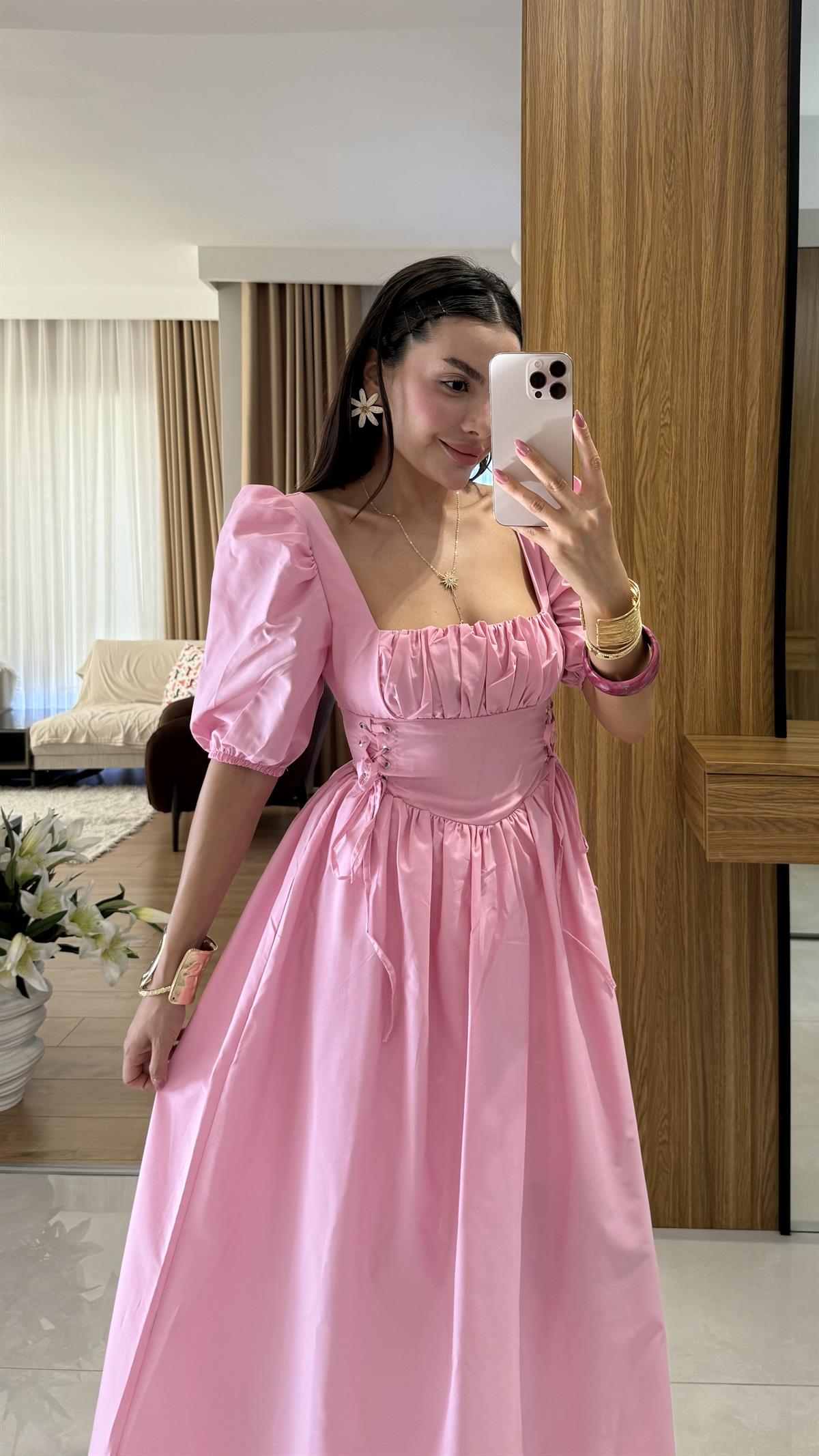 Polina Pembe Kare Yaka Poplin Uzun Elbise