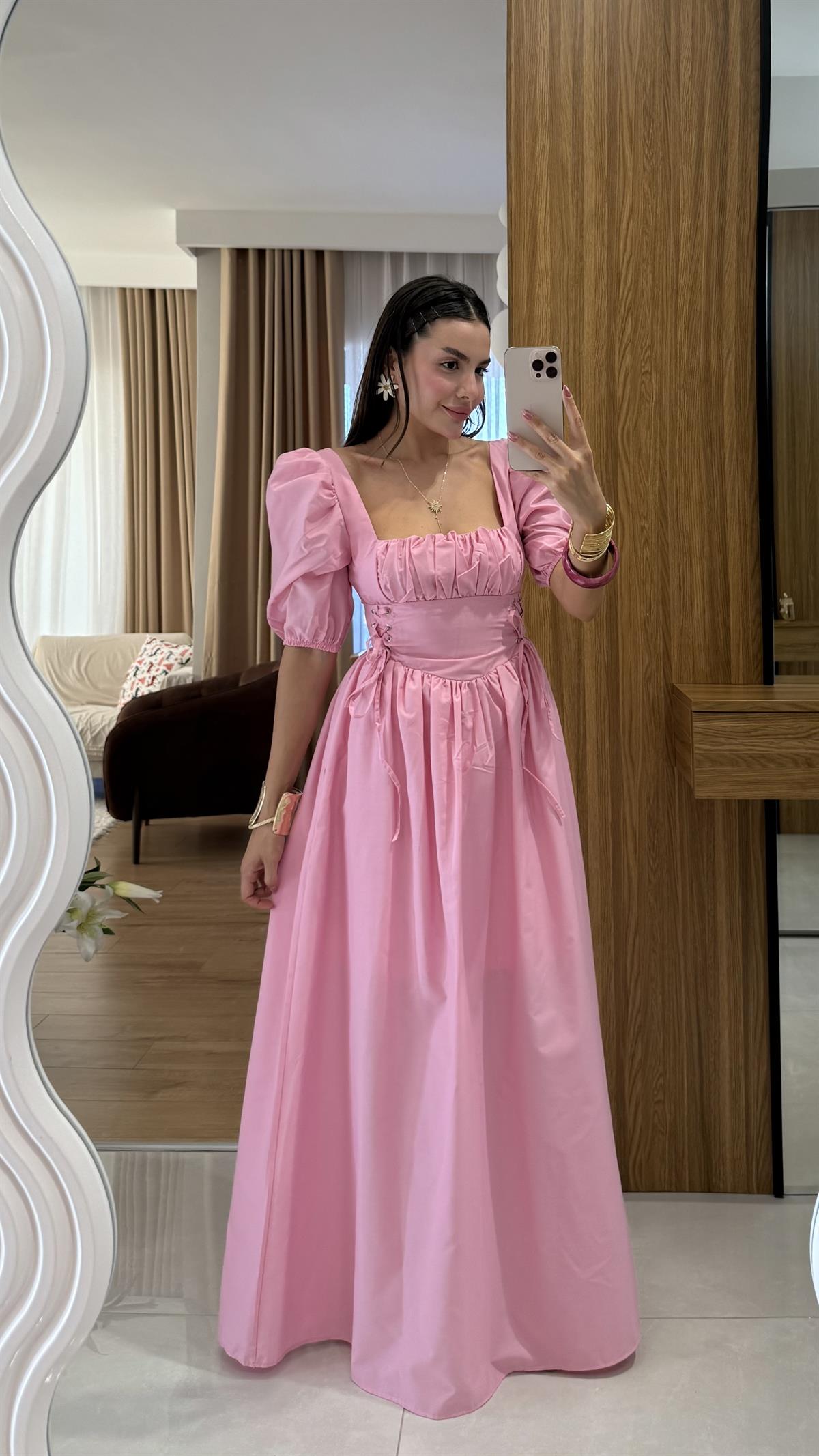 Polina Pembe Kare Yaka Poplin Uzun Elbise