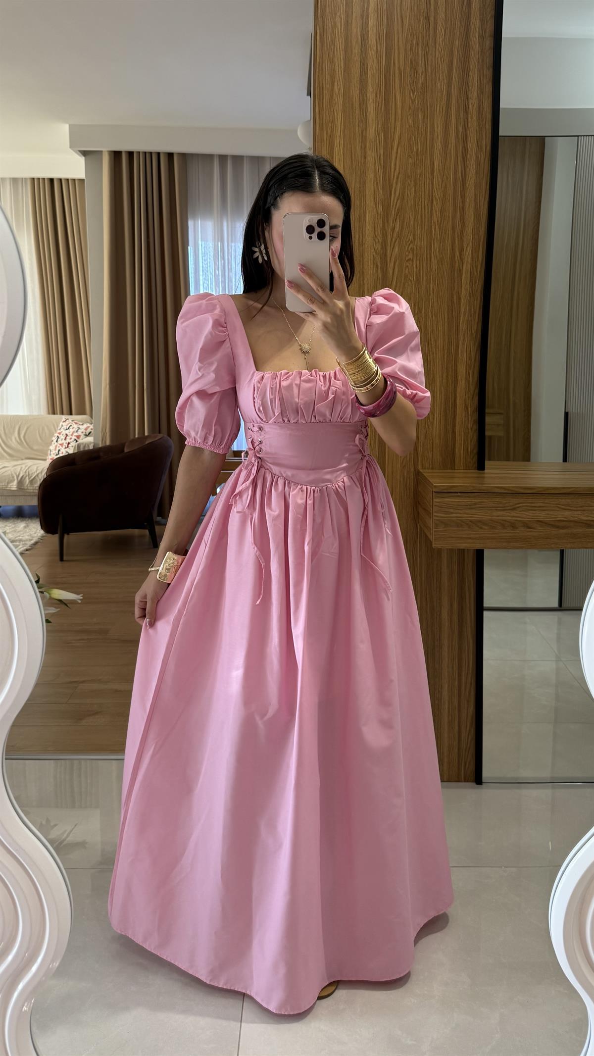 Polina Pembe Kare Yaka Poplin Uzun Elbise