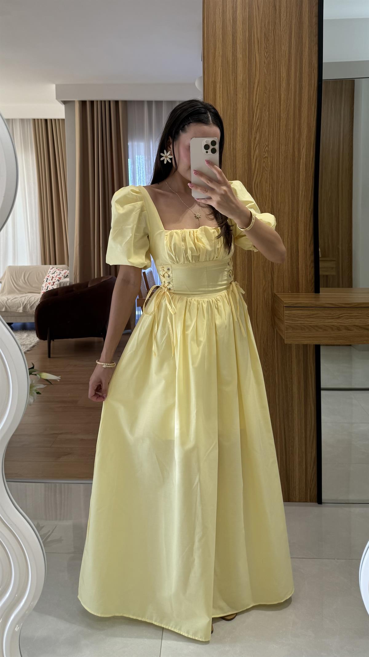 Polina Sarı Kare Yaka Poplin Uzun Elbise