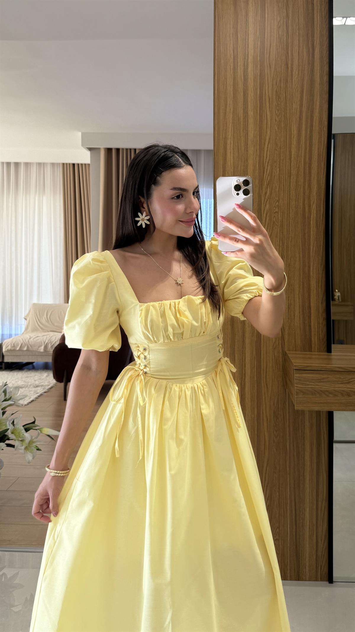 Polina Sarı Kare Yaka Poplin Uzun Elbise