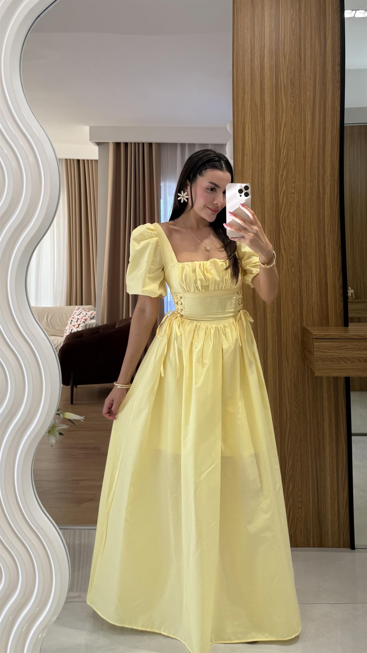 Polina Sarı Kare Yaka Poplin Uzun Elbise