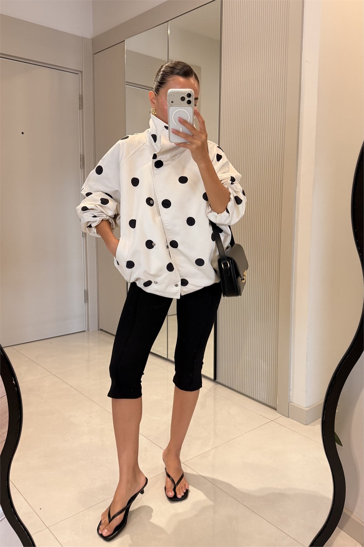 Polka Beyaz Oversize Puantiyeli Ceket