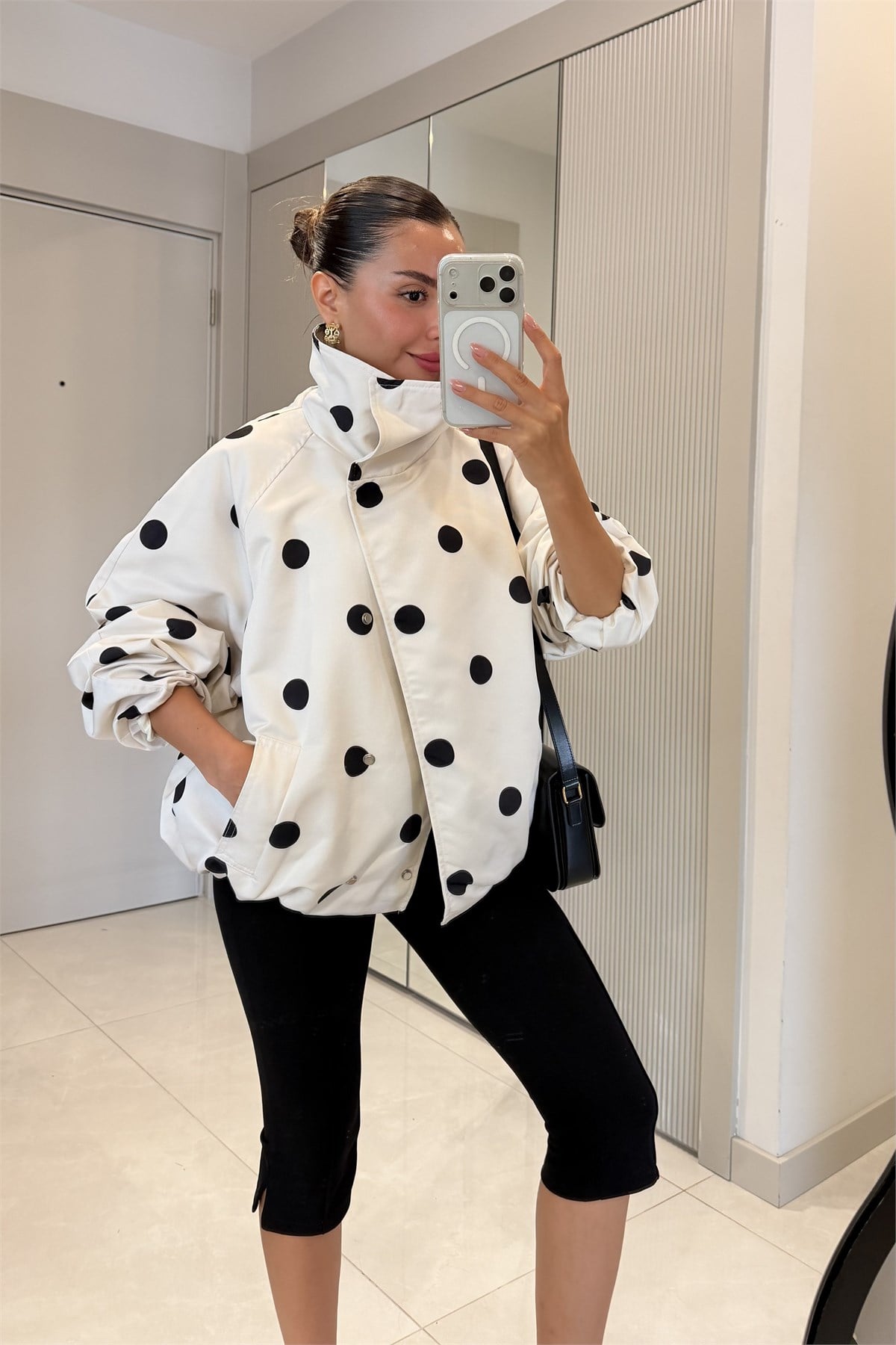 Polka Beyaz Oversize Puantiyeli Ceket