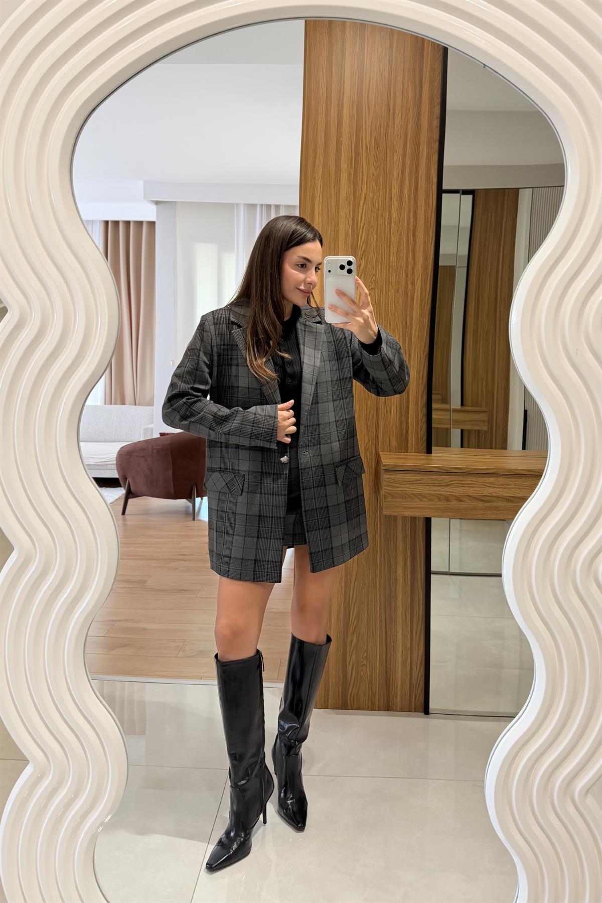 Polly Gri Ekose Vatkalı Ceket Etek Takım