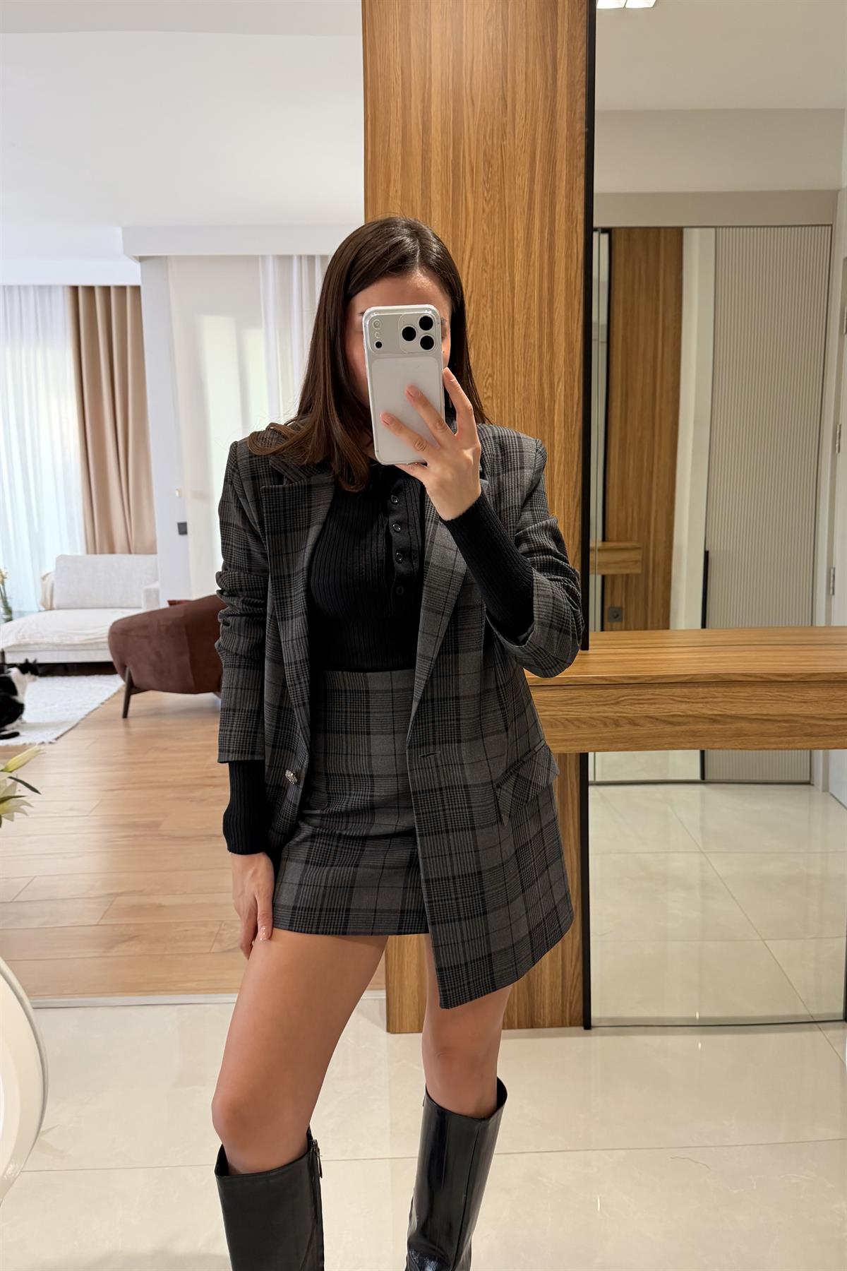 Polly Gri Ekose Vatkalı Ceket Etek Takım