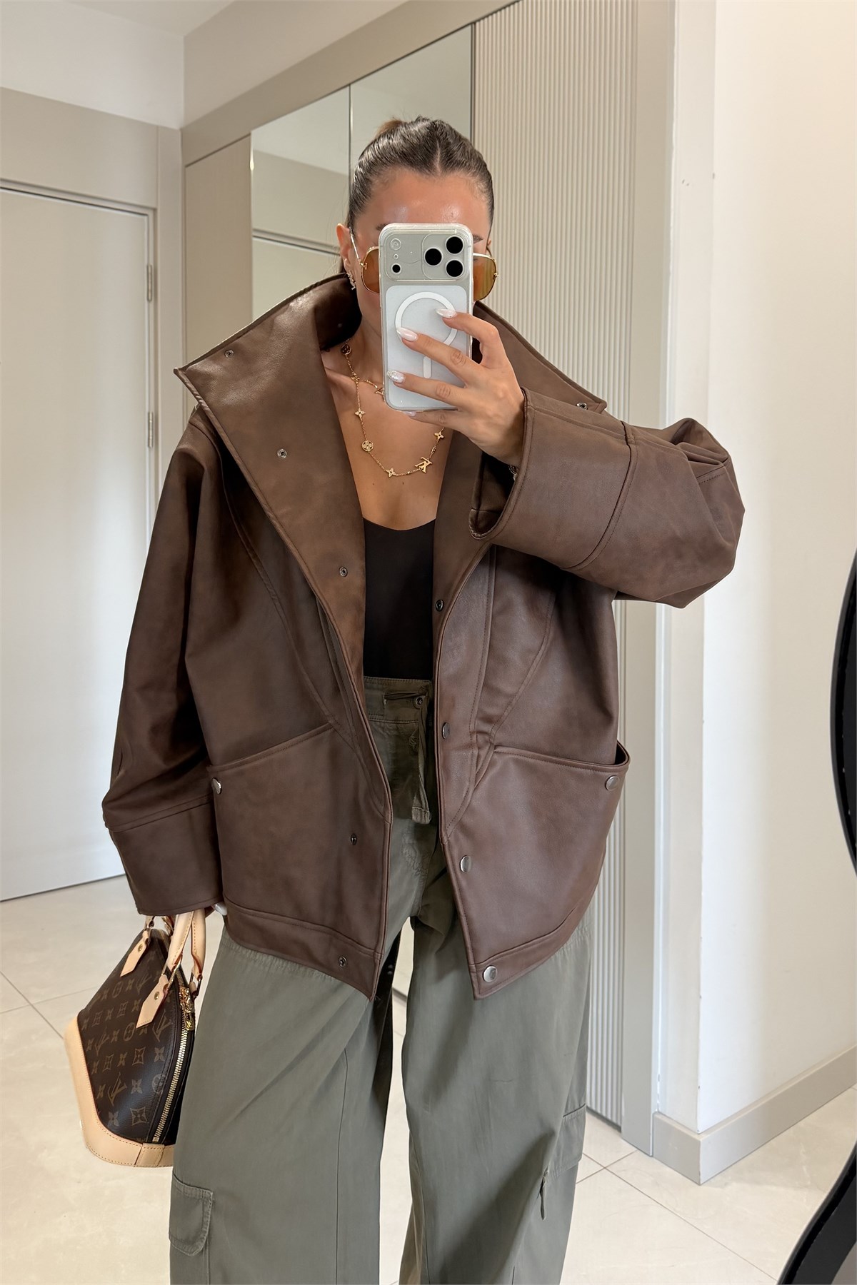Polster Kahve Oversize Deri Ceket