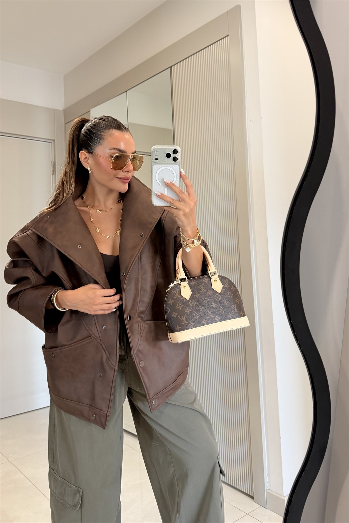 Polster Kahve Oversize Deri Ceket