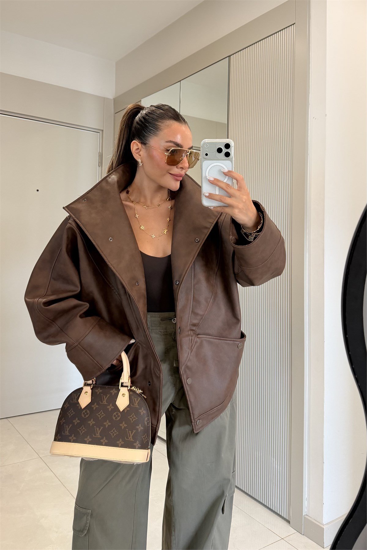 Polster Kahve Oversize Deri Ceket