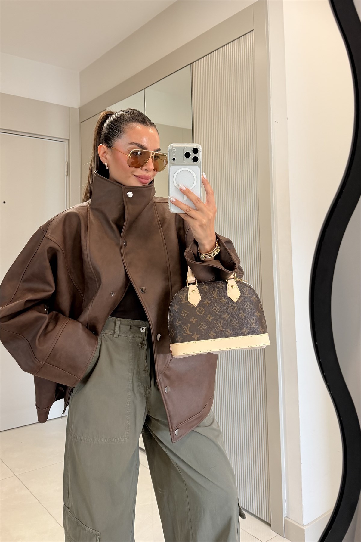 Polster Kahve Oversize Deri Ceket