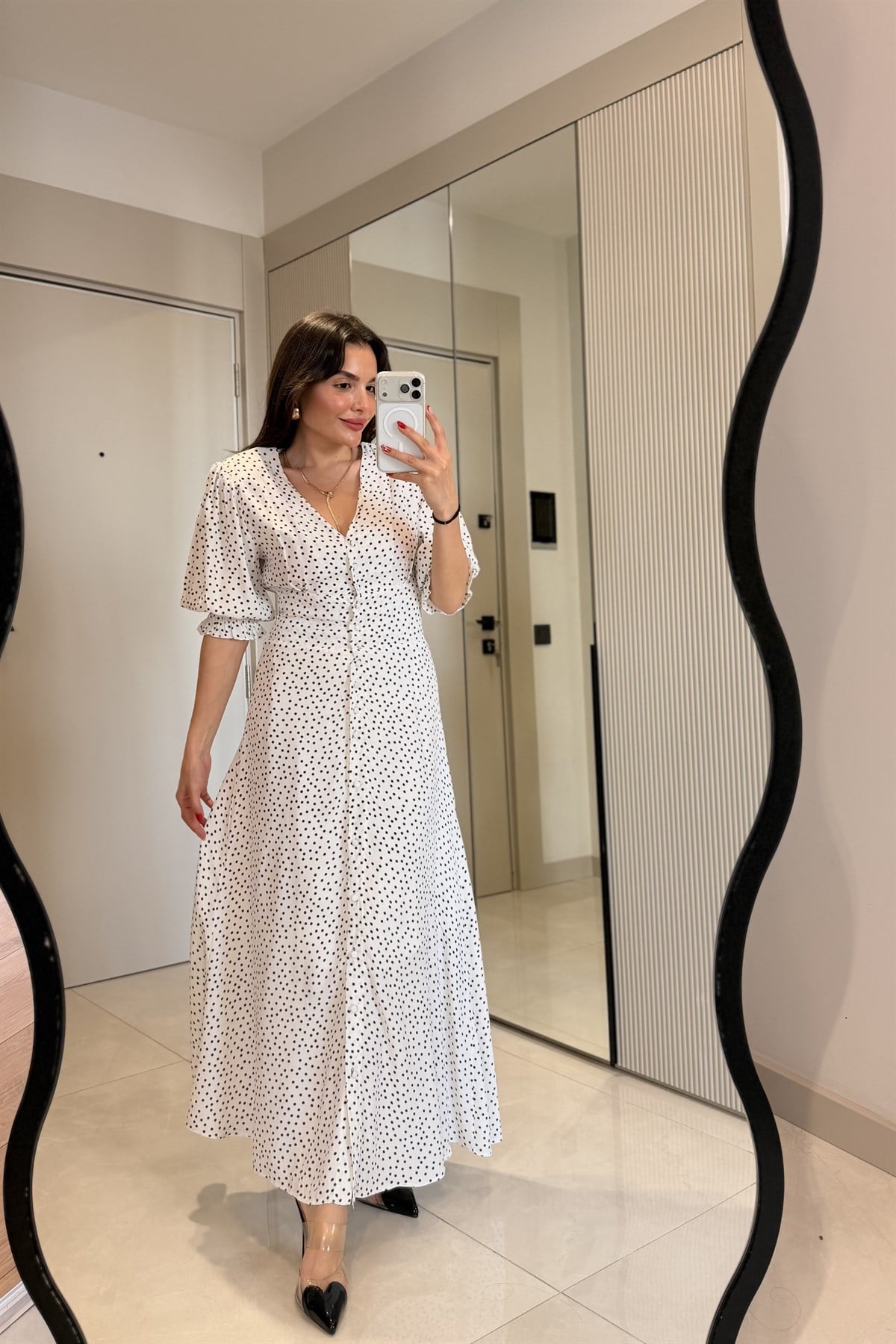 Pony Beyaz Komple Düğmeli Astarlı Maxi Elbise