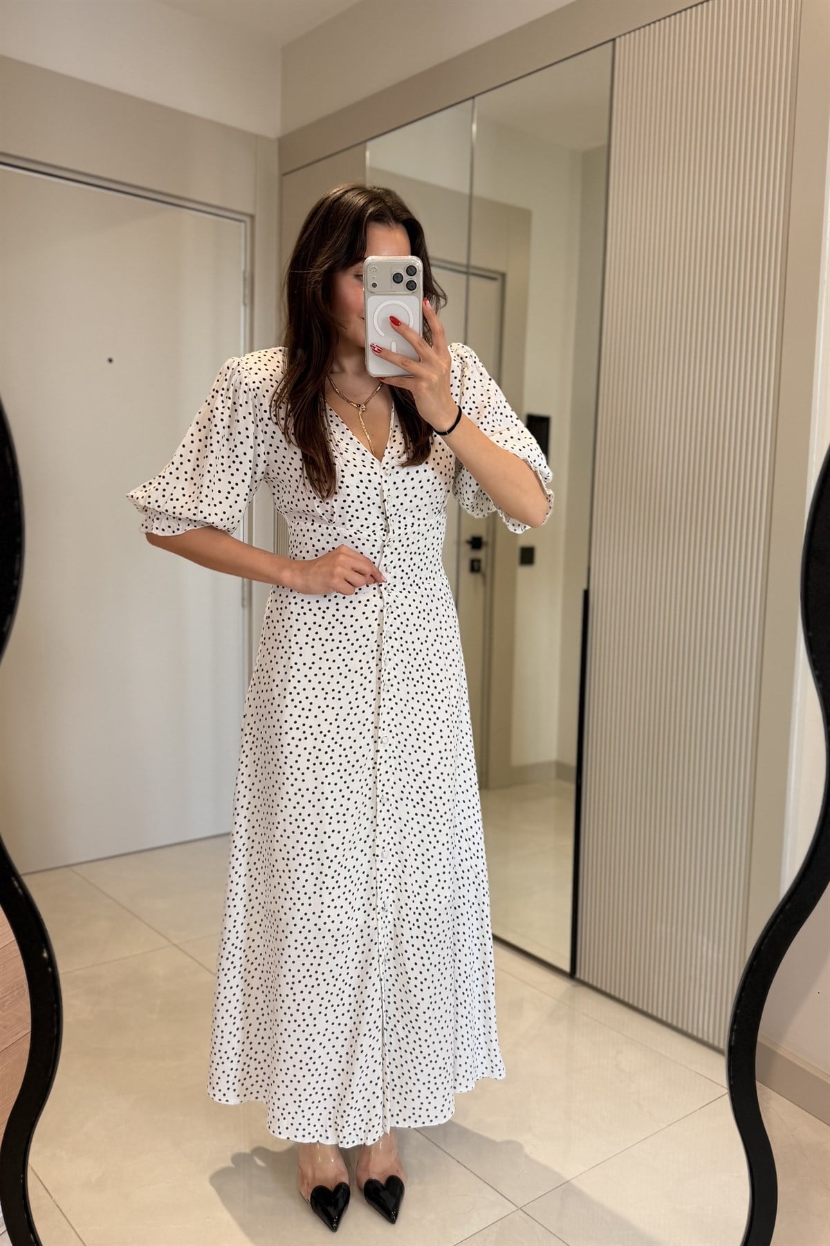 Pony Beyaz Komple Düğmeli Astarlı Maxi Elbise