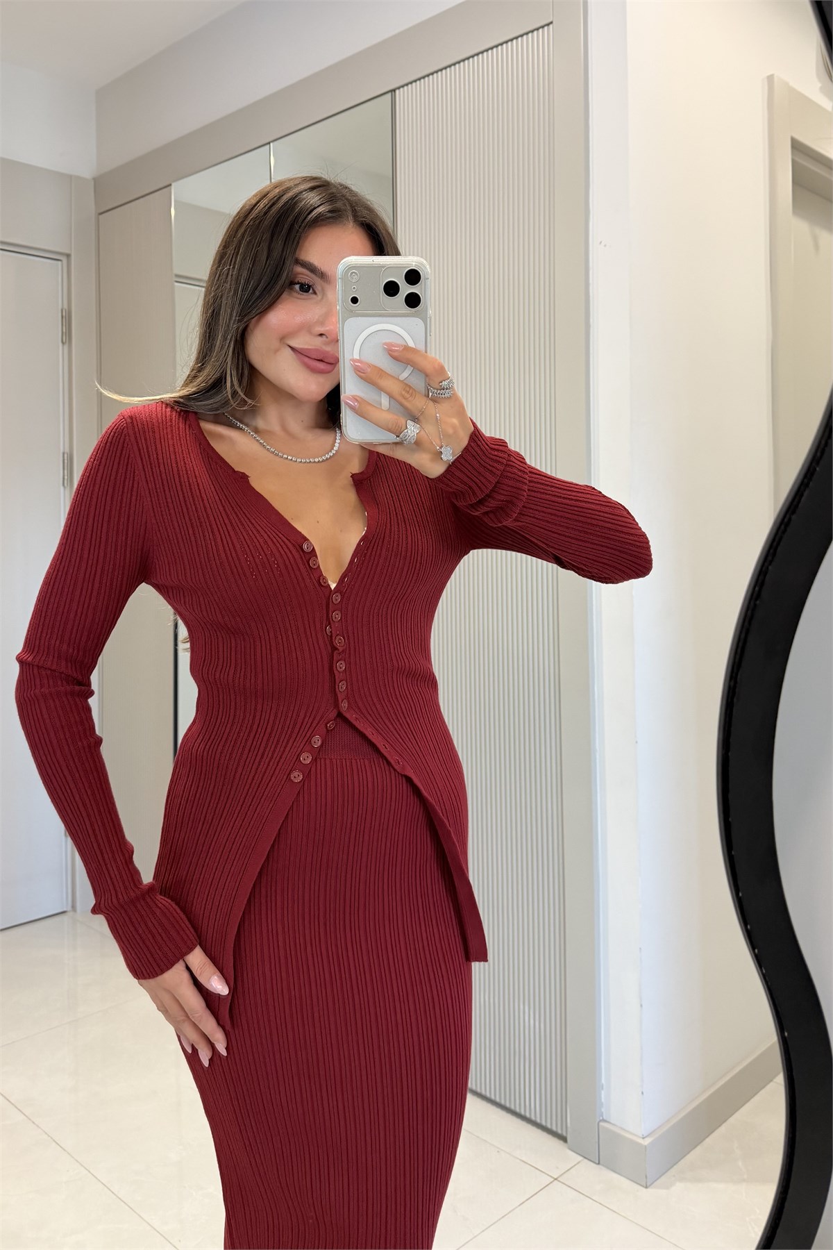 Poply Bordo Hırka Etek Takım