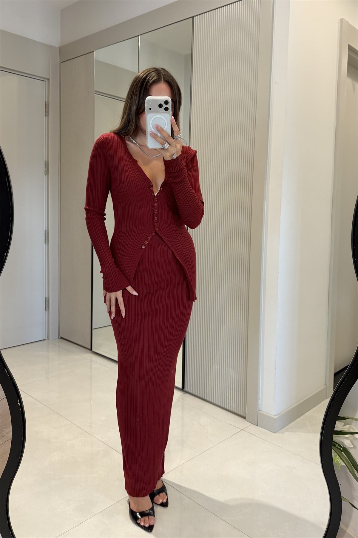 Poply Bordo Hırka Etek Takım
