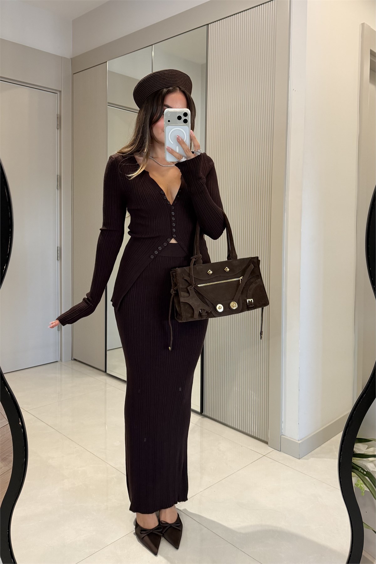 Poply Kahve Hırka Etek Takım