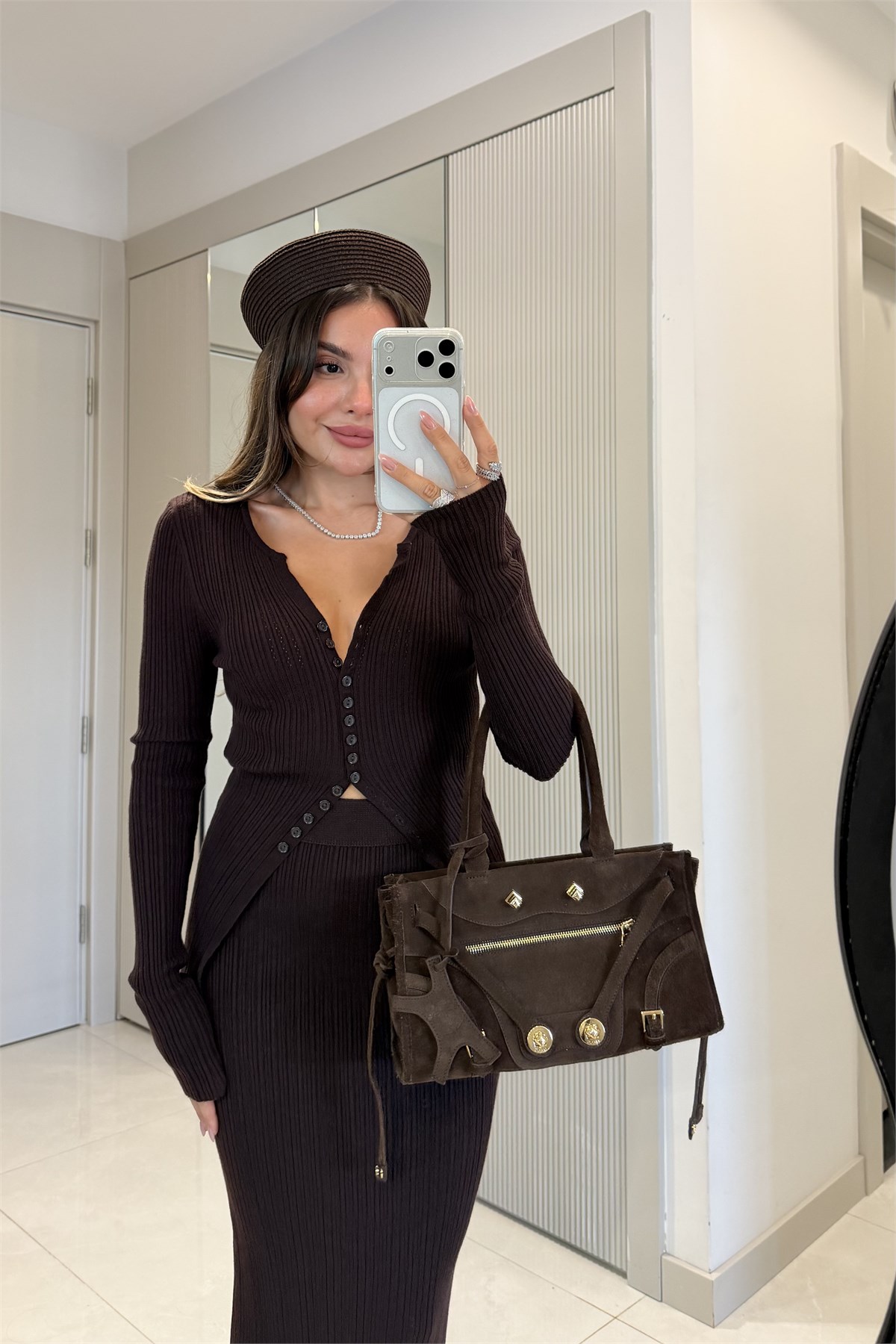 Poply Kahve Hırka Etek Takım