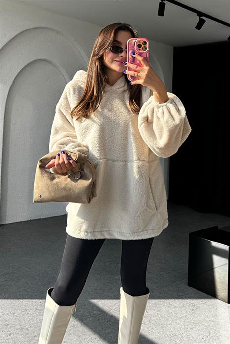 Poply Krem Pofuduk Sweatshirt