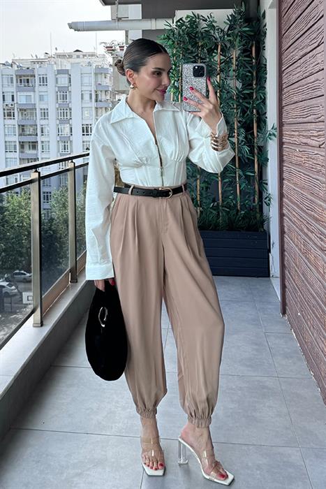 Poppy Paçası Lastikli Pileli Pantolon - Camel