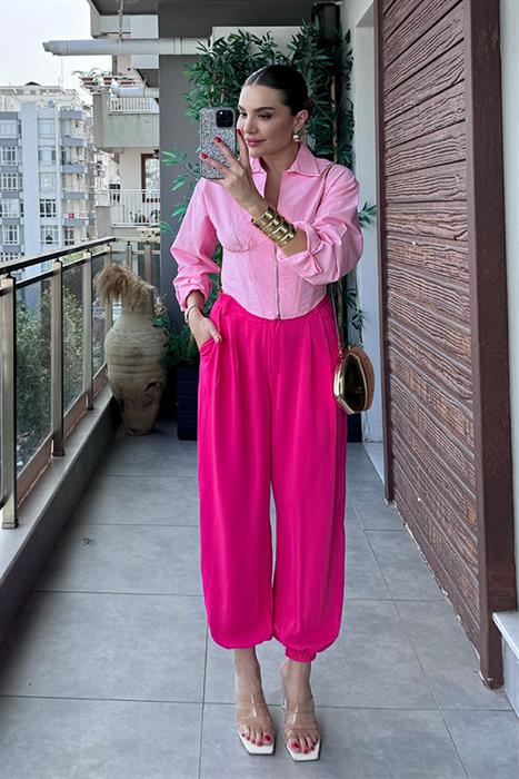 Poppy Paçası Lastikli Pileli Pantolon - Pembe