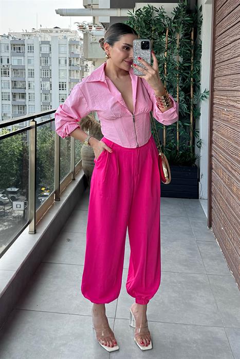 Poppy Paçası Lastikli Pileli Pantolon - Pembe