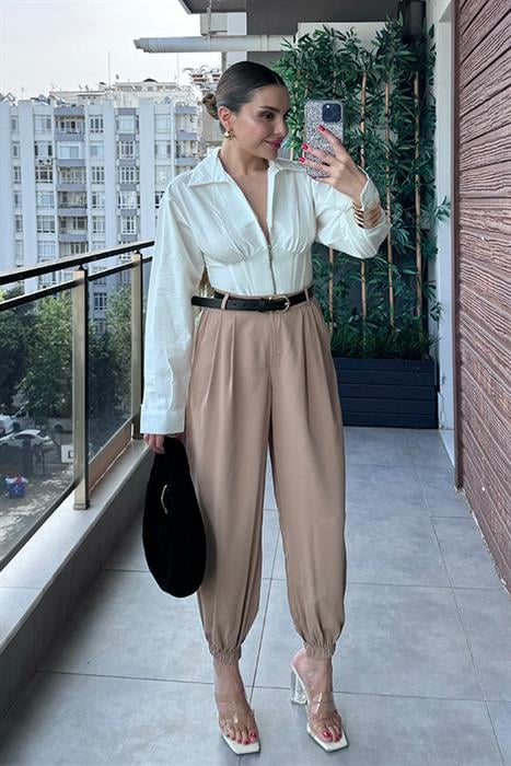 Poppy Paçası Lastikli Pileli Pantolon - Camel