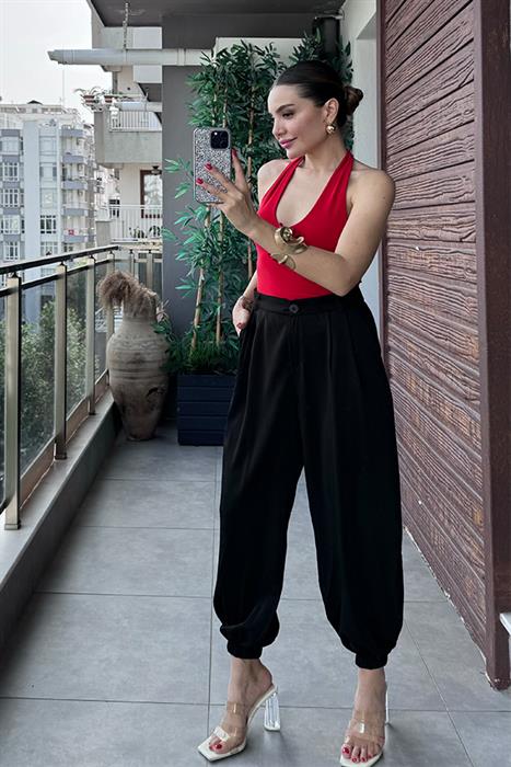 Poppy Paçası Lastikli Pileli Pantolon - Siyah