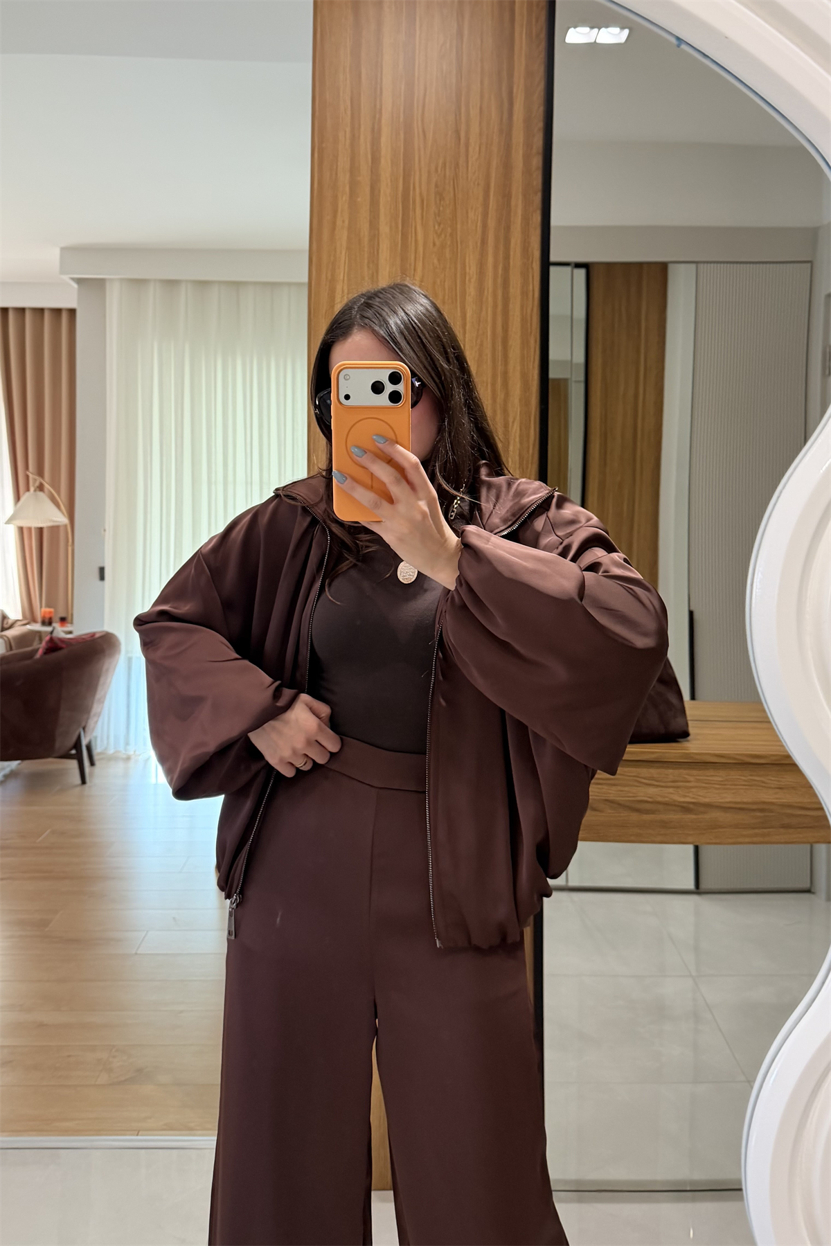 Porsha Kahve Saten Bomber Ceket  Pantolon Takım