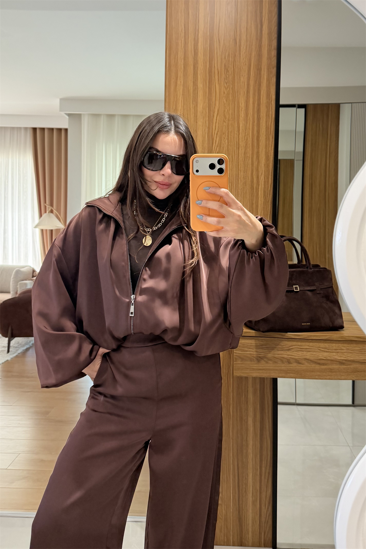 Porsha Kahve Saten Bomber Ceket  Pantolon Takım