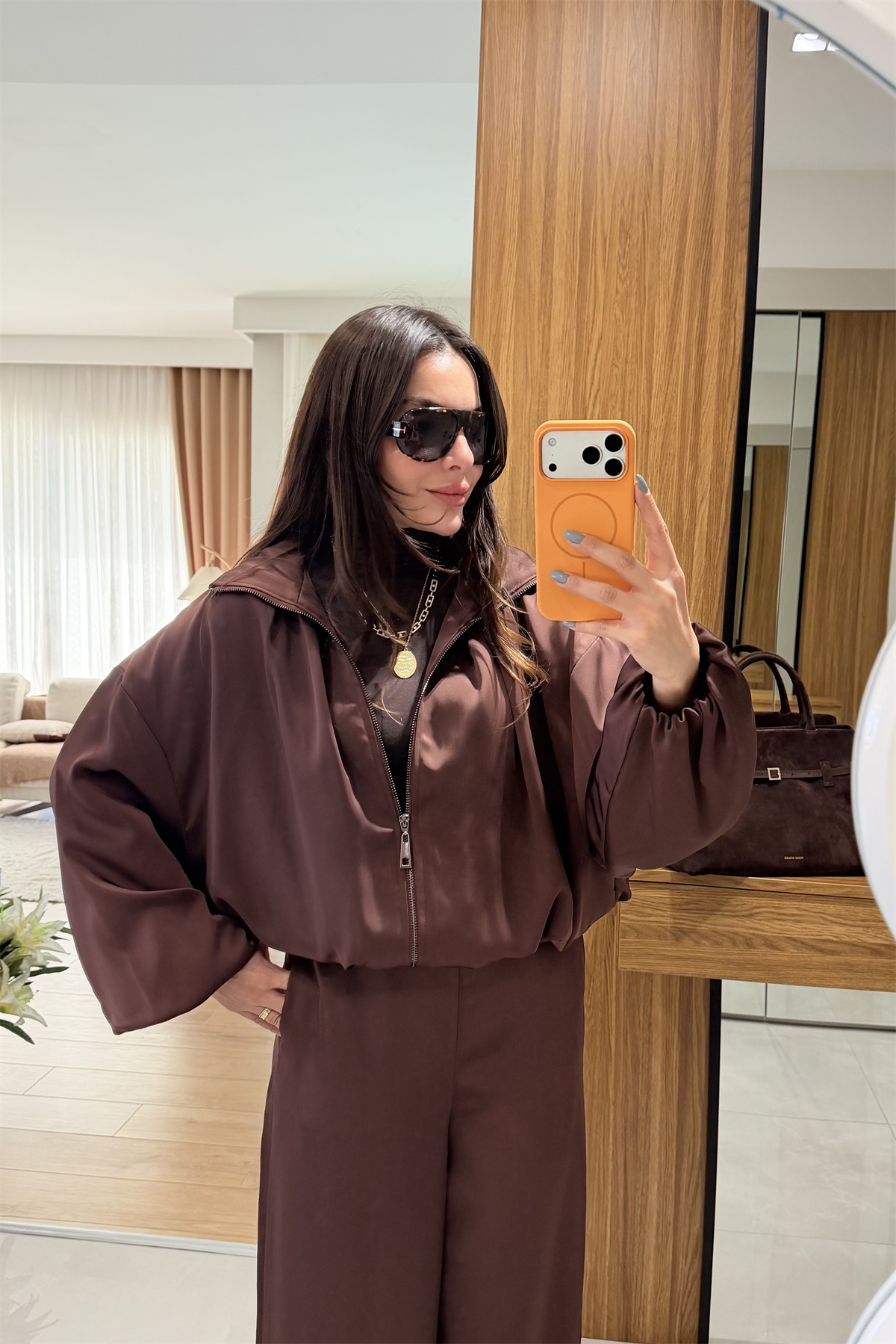 Porsha Kahve Saten Bomber Ceket  Pantolon Takım