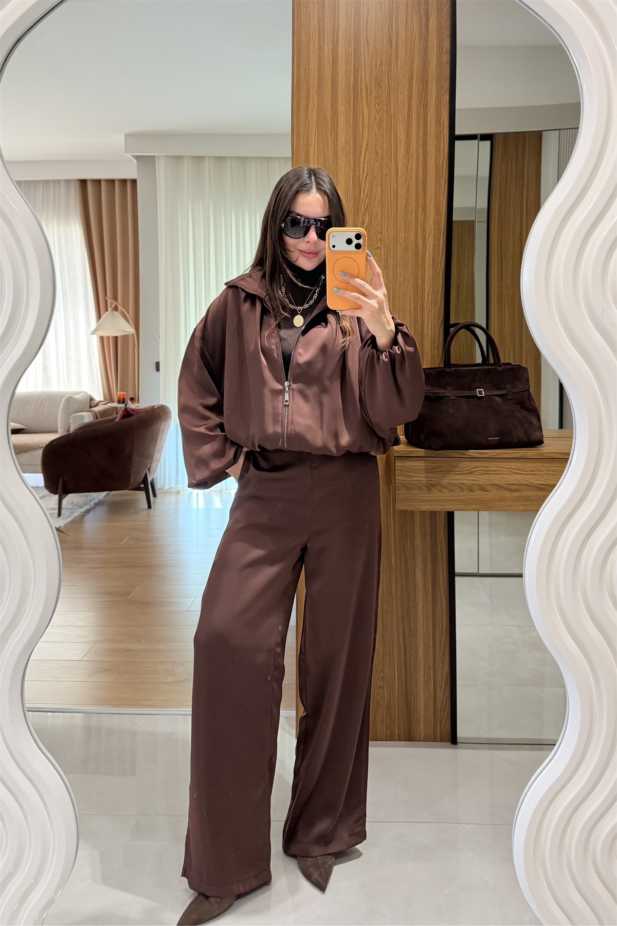 Porsha Kahve Saten Bomber Ceket  Pantolon Takım