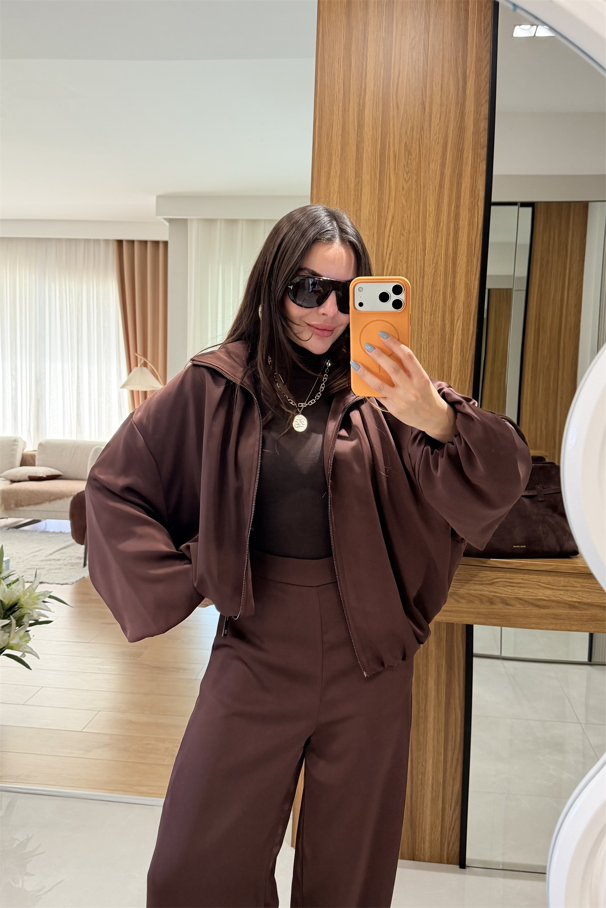 Porsha Kahve Saten Bomber Ceket  Pantolon Takım