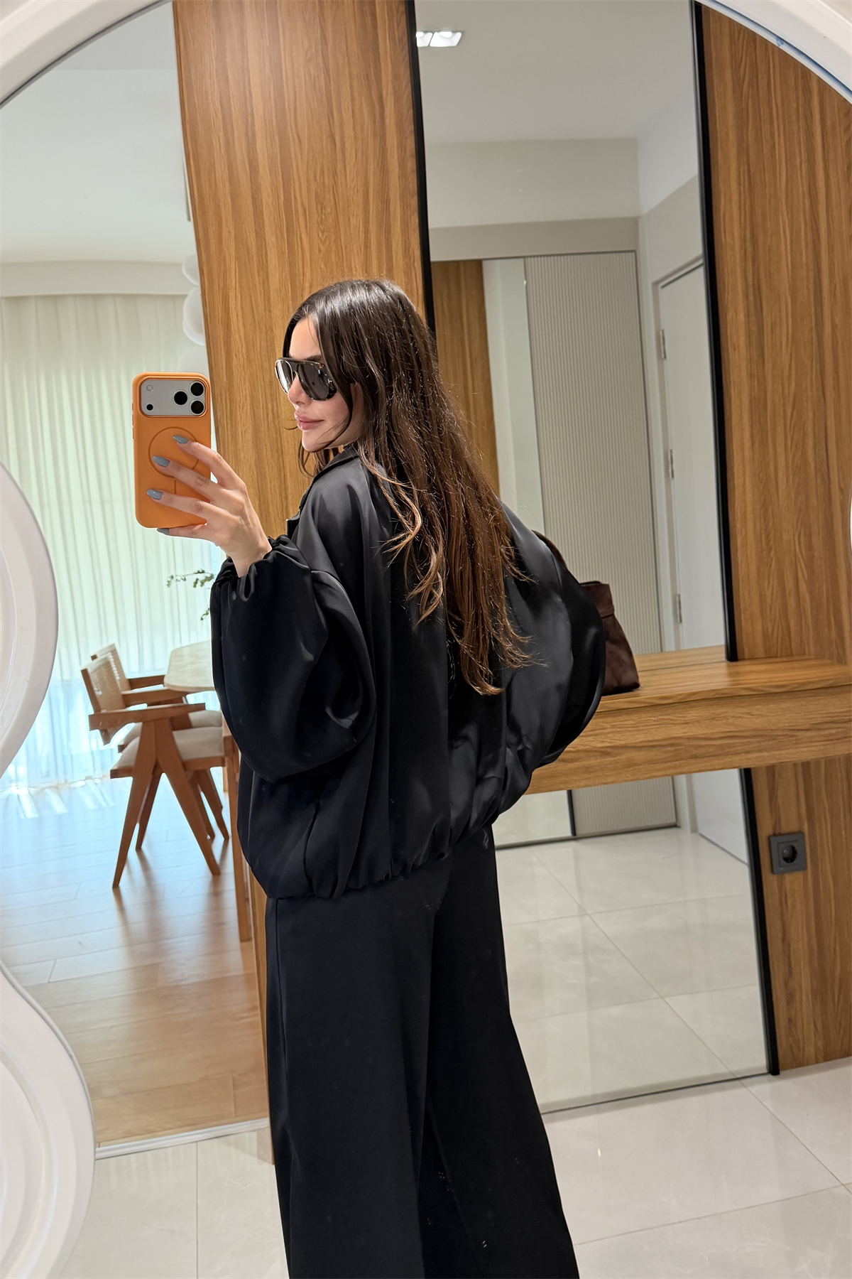 Porsha Siyah Saten Bomber Ceket  Pantolon Takım