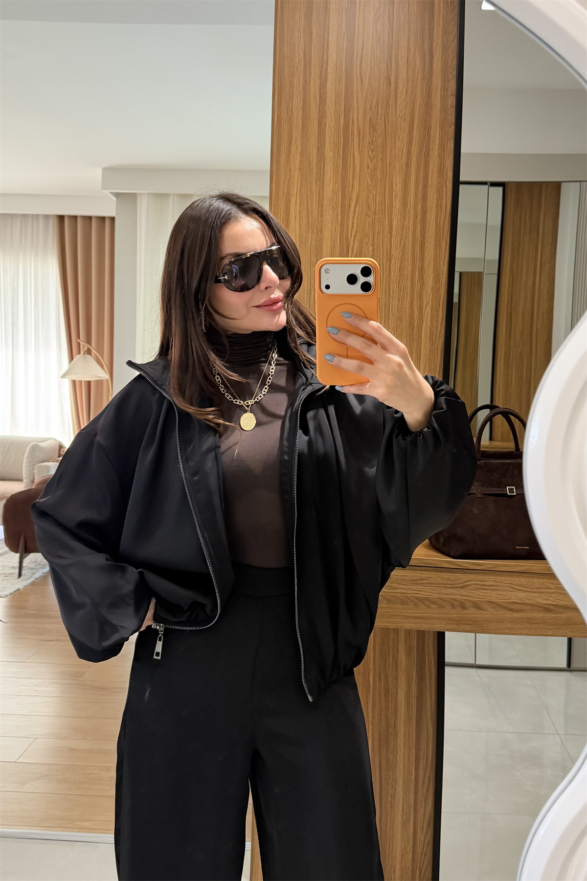 Porsha Siyah Saten Bomber Ceket  Pantolon Takım