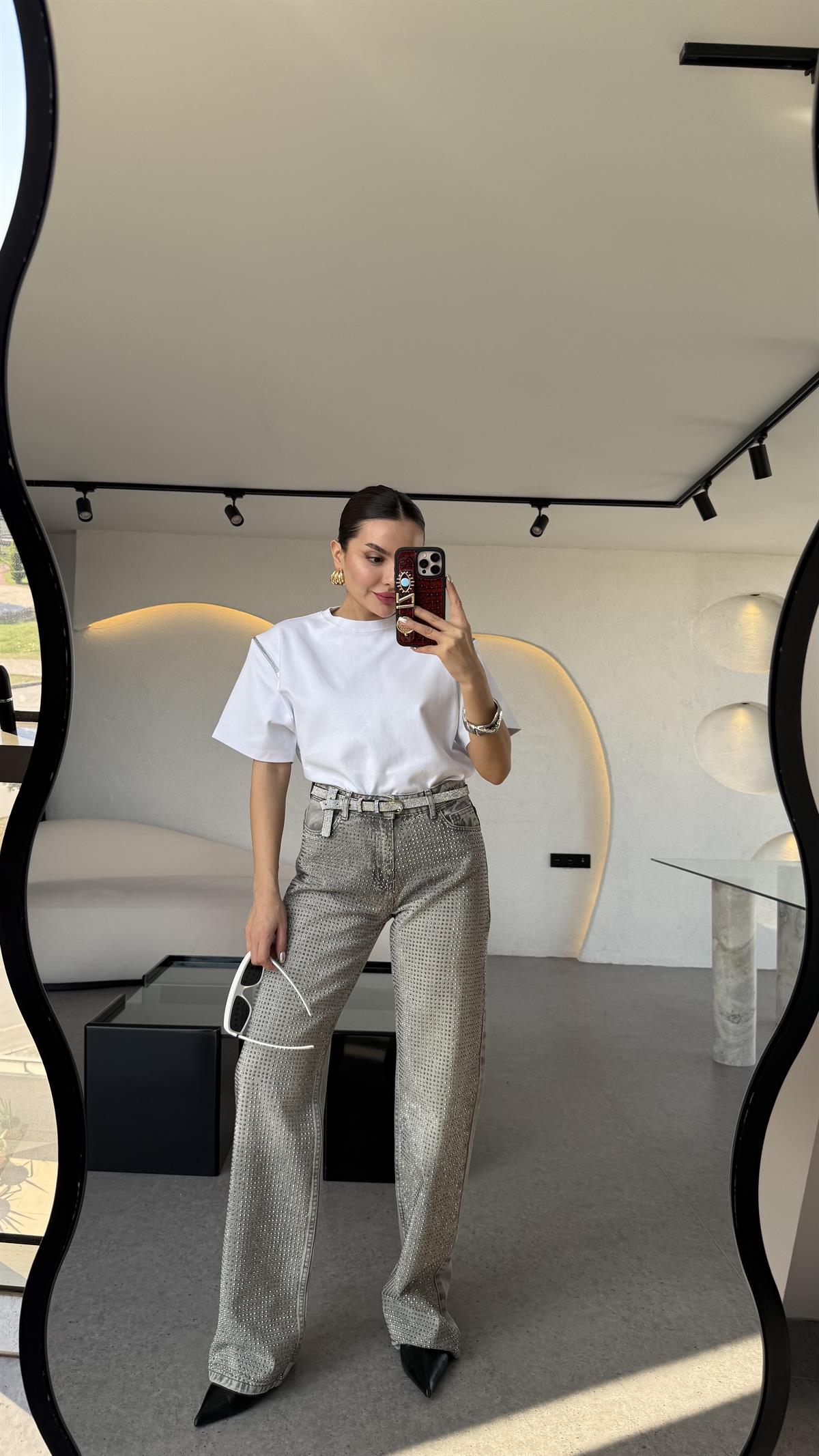 Portuguese Taş İşlemeli Gri Jean