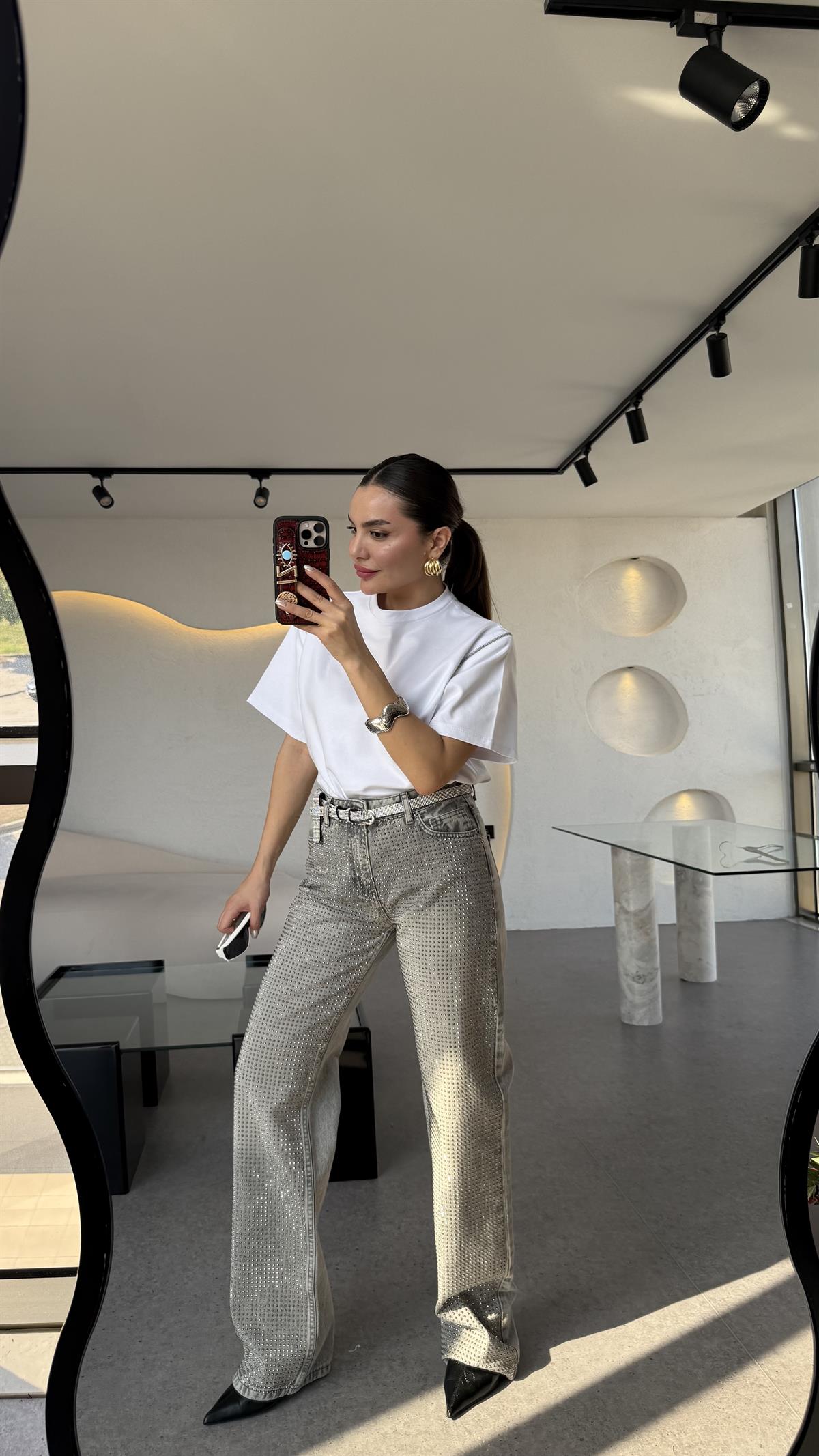 Portuguese Taş İşlemeli Gri Jean