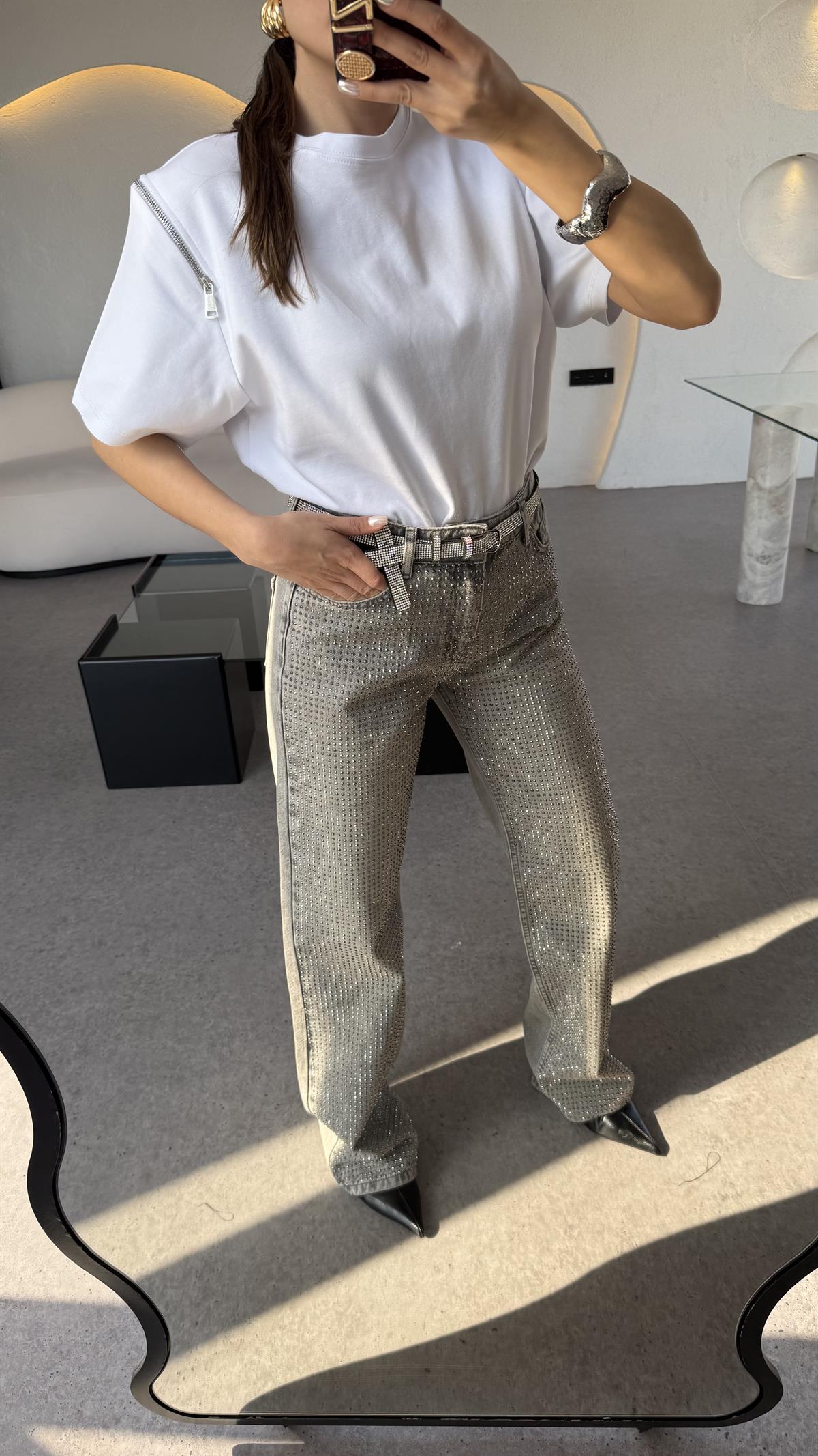 Portuguese Taş İşlemeli Gri Jean