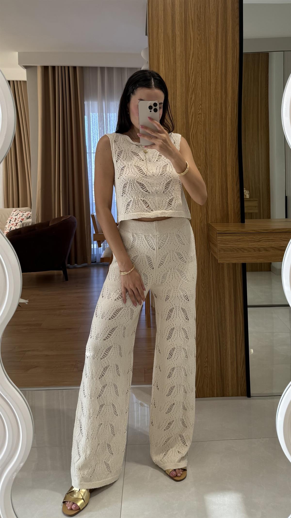 Positan Krem Ajurlu Yazlık Triko Takım