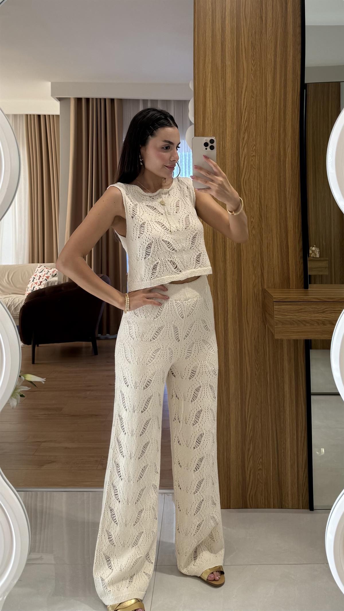 Positan Krem Ajurlu Yazlık Triko Takım