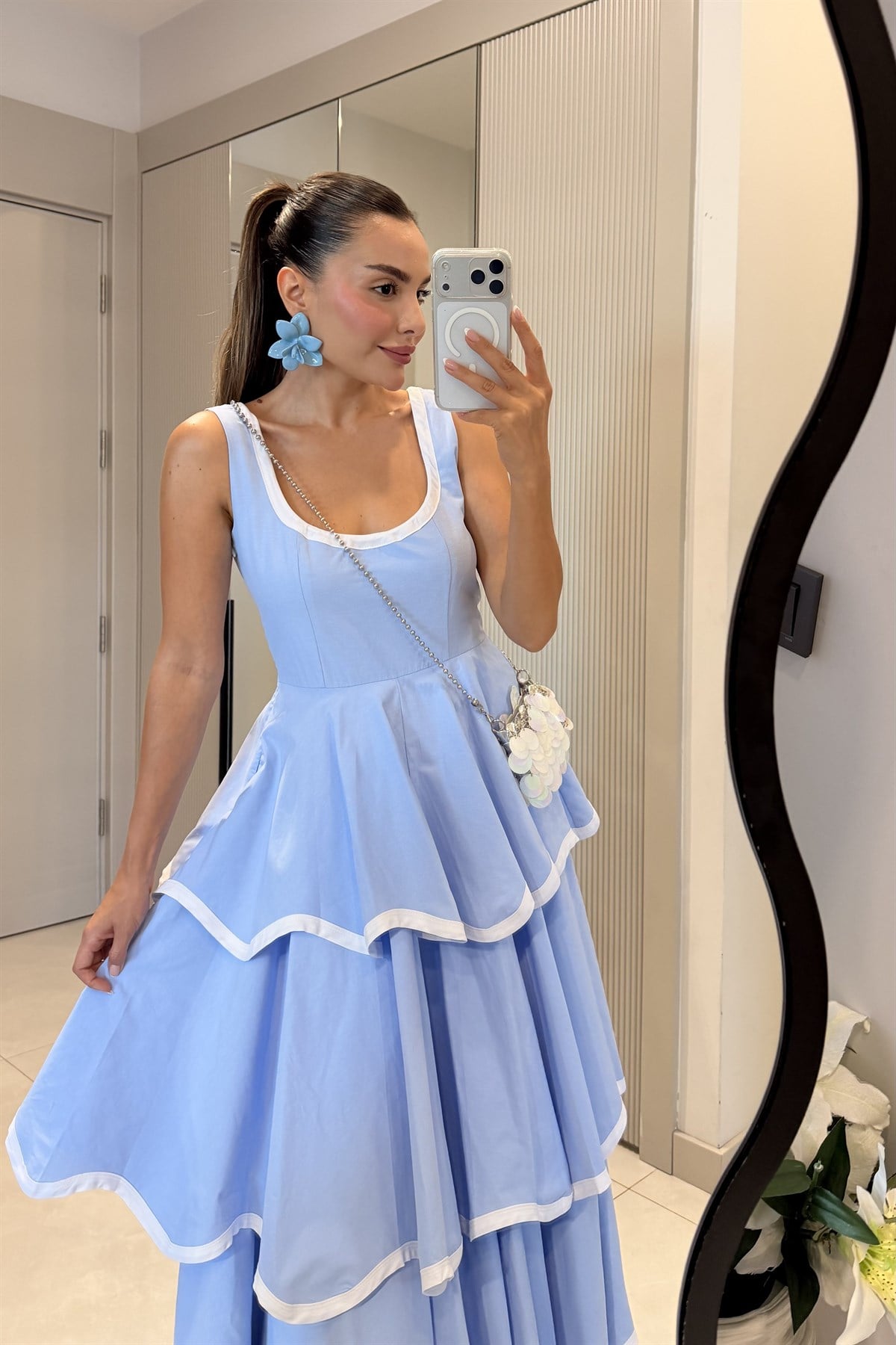 Positano Mavi Tasarım Premium  Kat Kat Elbise