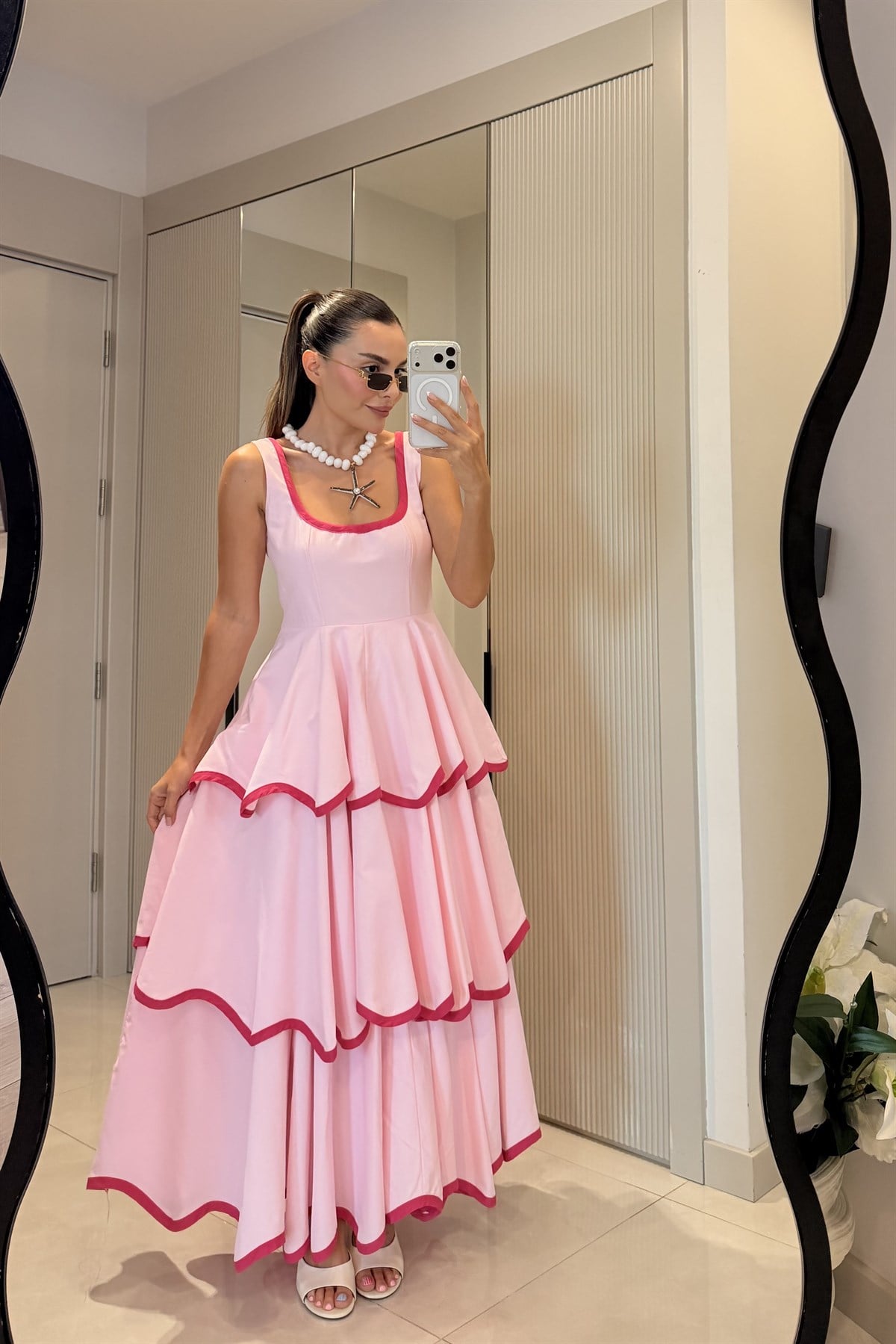 Positano Pembe Tasarım Premium  Kat Kat Elbise